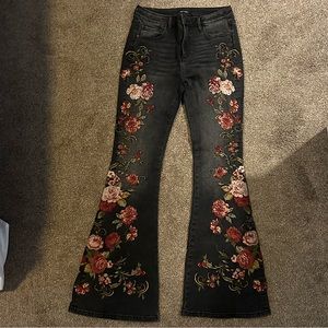 Free People Driftwood Farrah Floral Rose Embroidered Black Flare Jeans